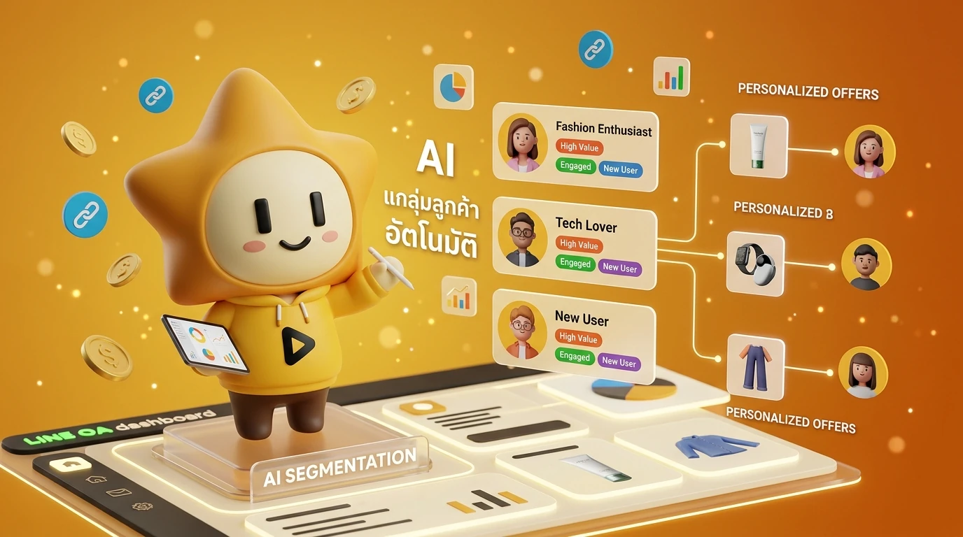 Conceptual visual of an AI-powered LINE OA dashboard showing real-time customer segmentation and personalized product recommendations