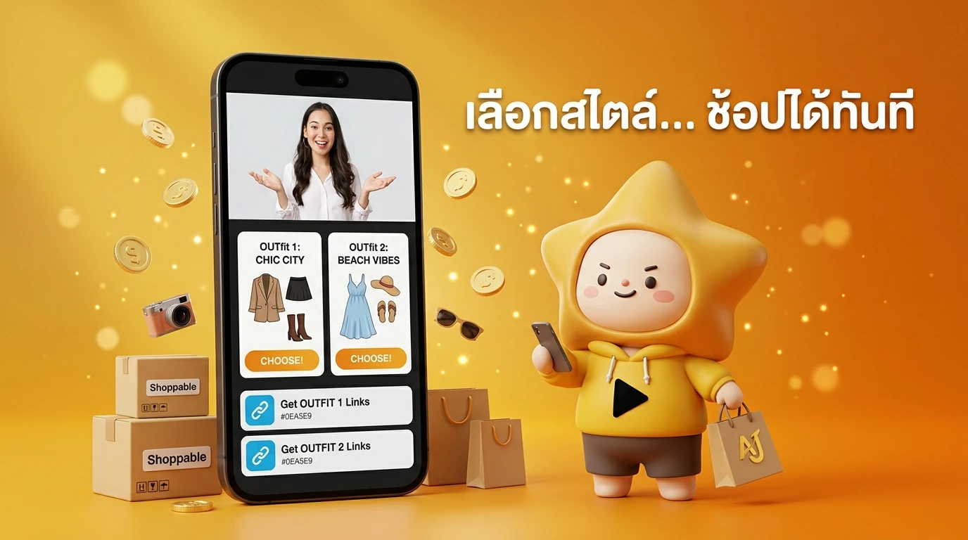 Smartphone screen showing a branching video story where the user chooses between two outfits, leading to different product links
