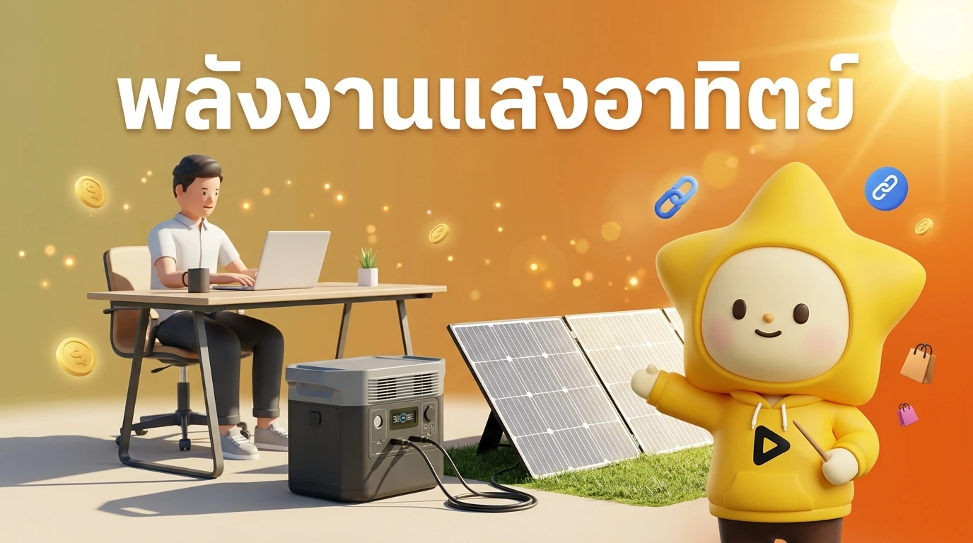 Lifestyle photo of a person working from home with a Portable Power Station connected to foldable solar panels under the sun