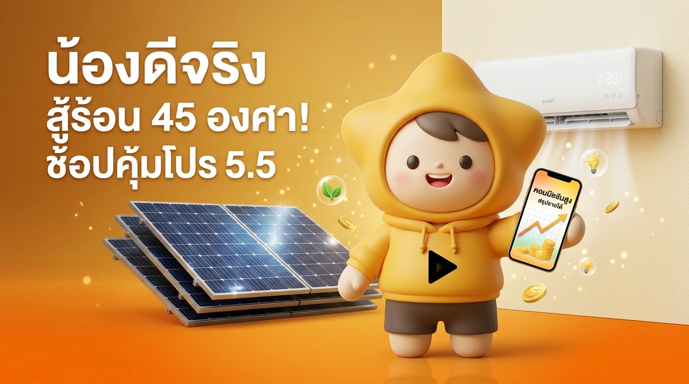 Mascot "Nong Dee Jing" smiling and holding a smartphone showing a high commission earnings graph, with solar panels and a smart air conditioner in the background