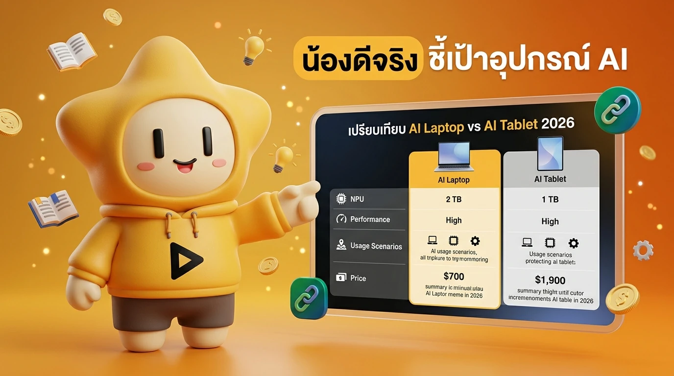Mascot "Nong Deejing" smiling and pointing at a comparison chart of the best AI student devices of 2026