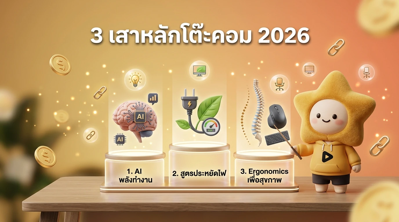 Infographic showing the 3 pillars of a 2026 desk setup: AI, Energy Saving, and Ergonomics