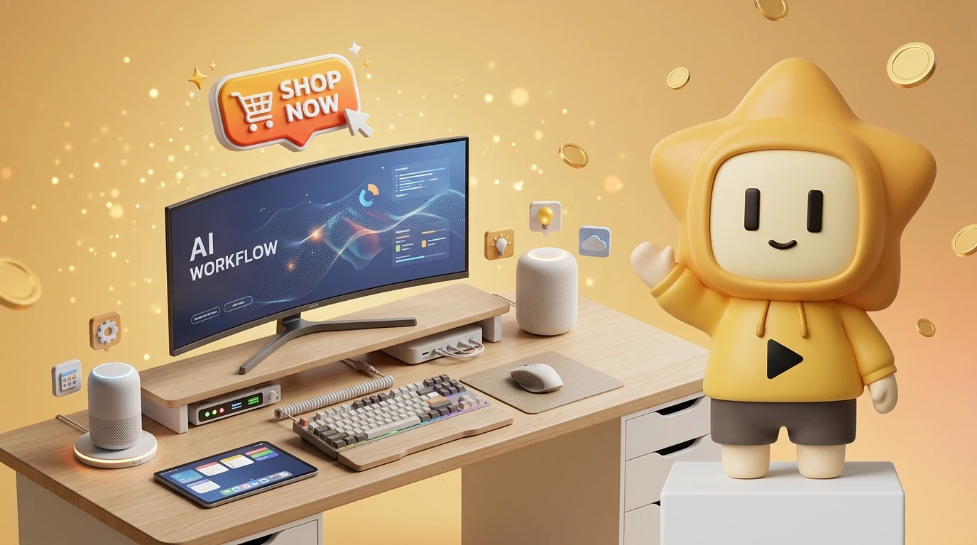 Nong Dee Jing mascot waving goodbye in front of a perfectly organized AI desk setup with a "Shop Now" floating icon