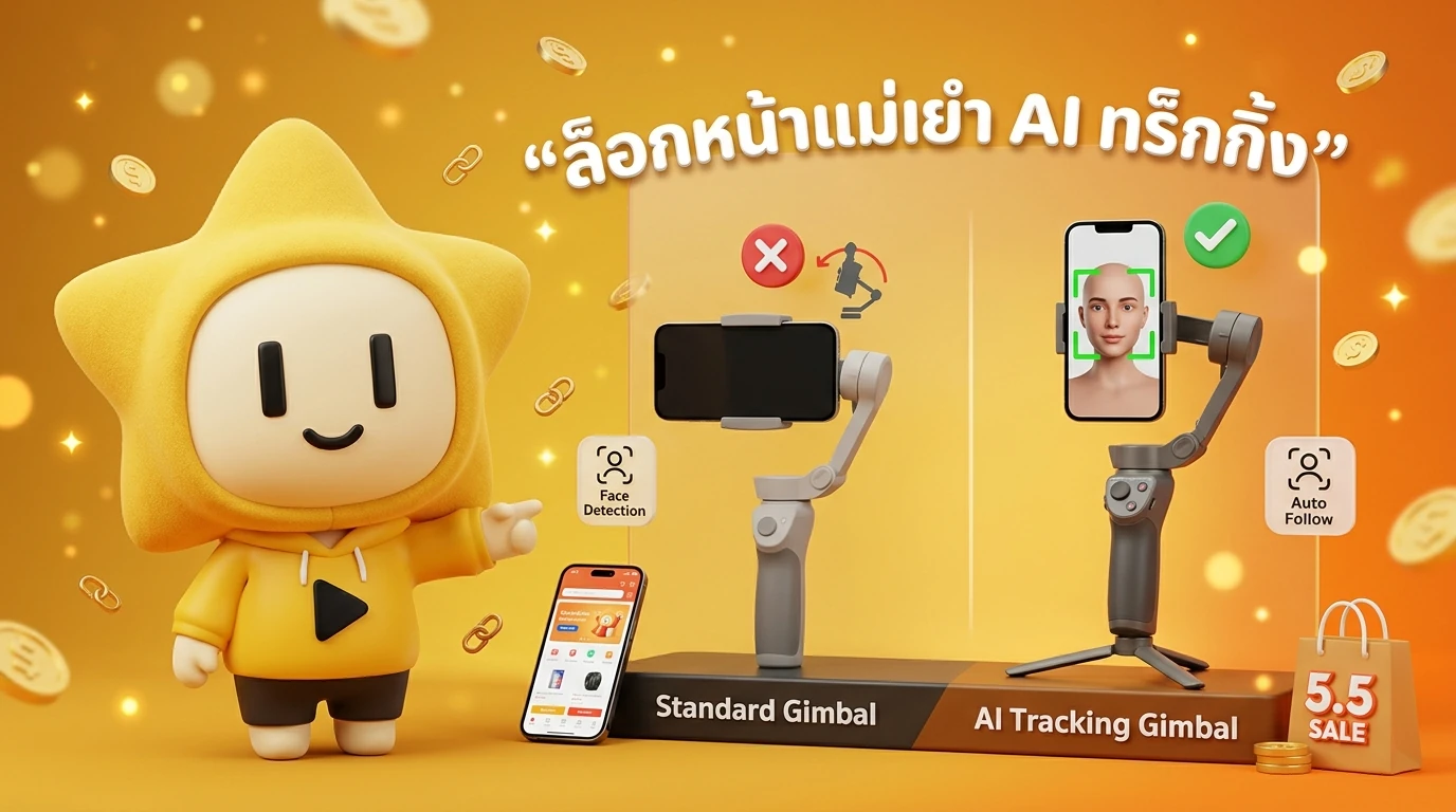 Comparison visual between a standard gimbal and an AI Tracking Gimbal showing the "Smart Face Lock" feature