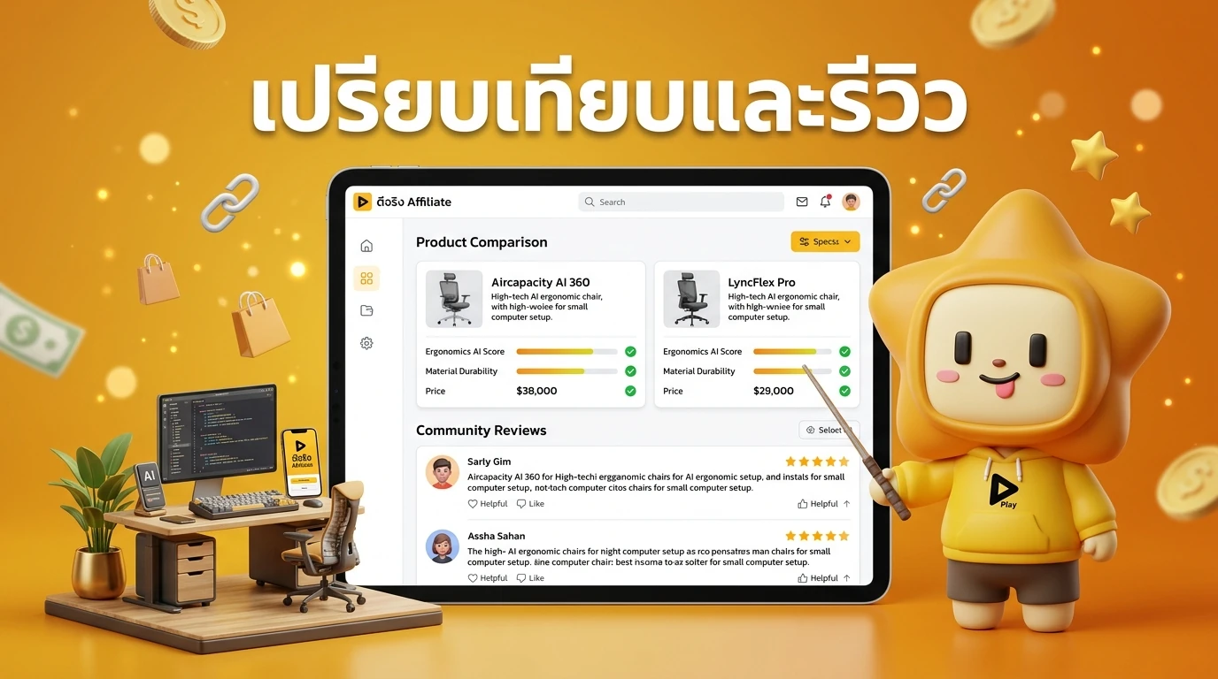 Screenshot mockup of the 'ดีจริง Affiliate' platform showing product comparisons and community reviews