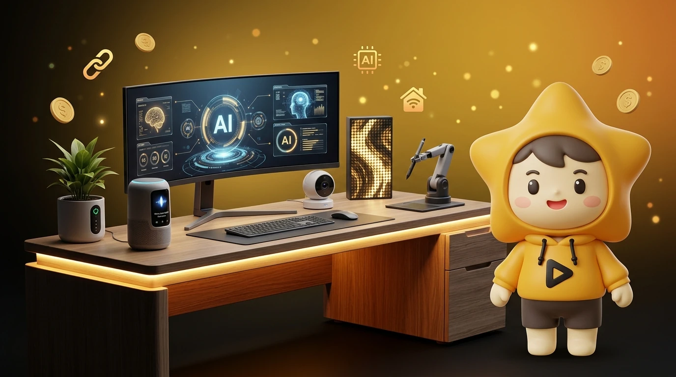 A futuristic and cozy desk setup in 2026 with AI gadgets, warm lighting, and a 3D mascot "Nong Dee Jing" standing on the side of the desk