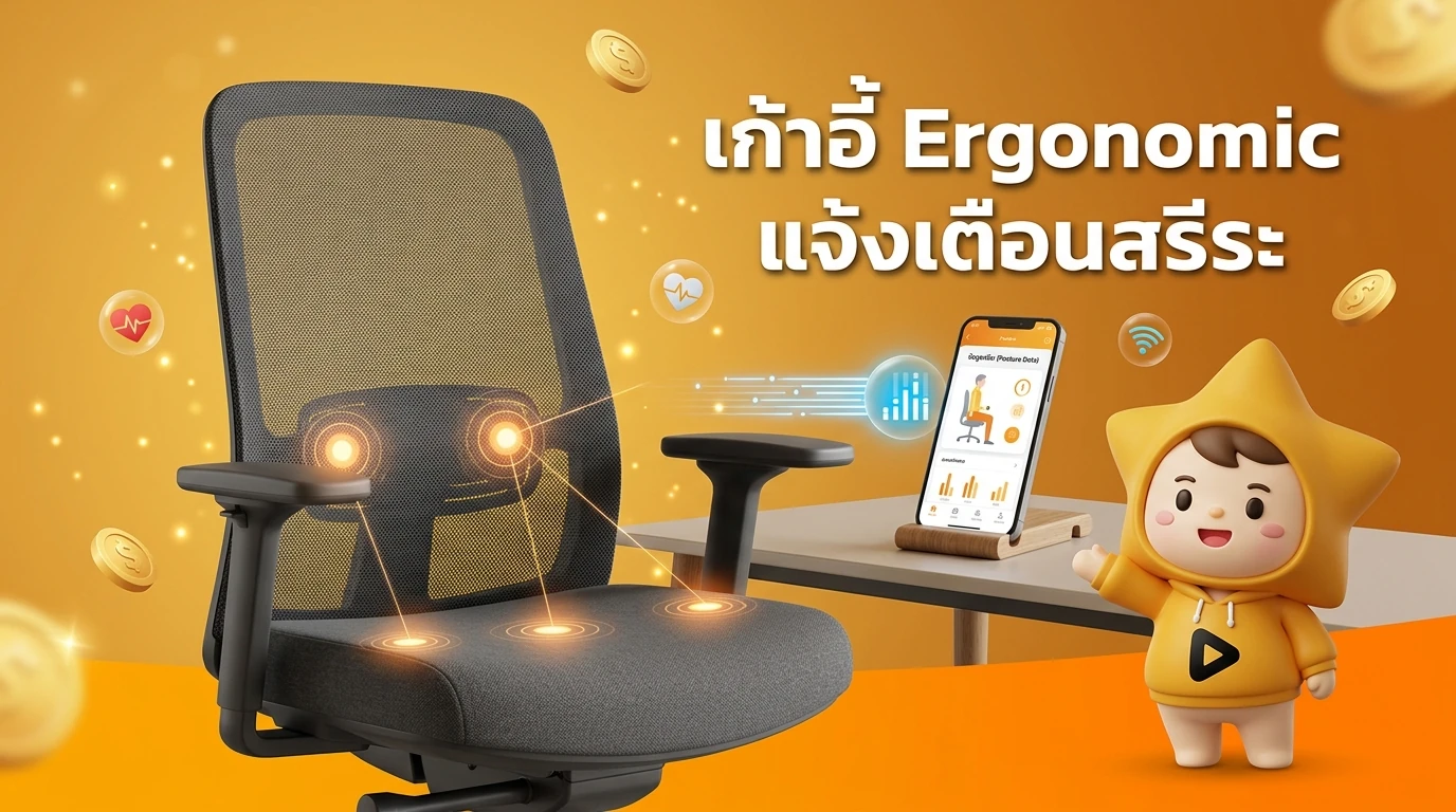 Close-up of an ergonomic chair with glowing sensor points on the lumbar and seat area, connected to a smartphone app showing posture data