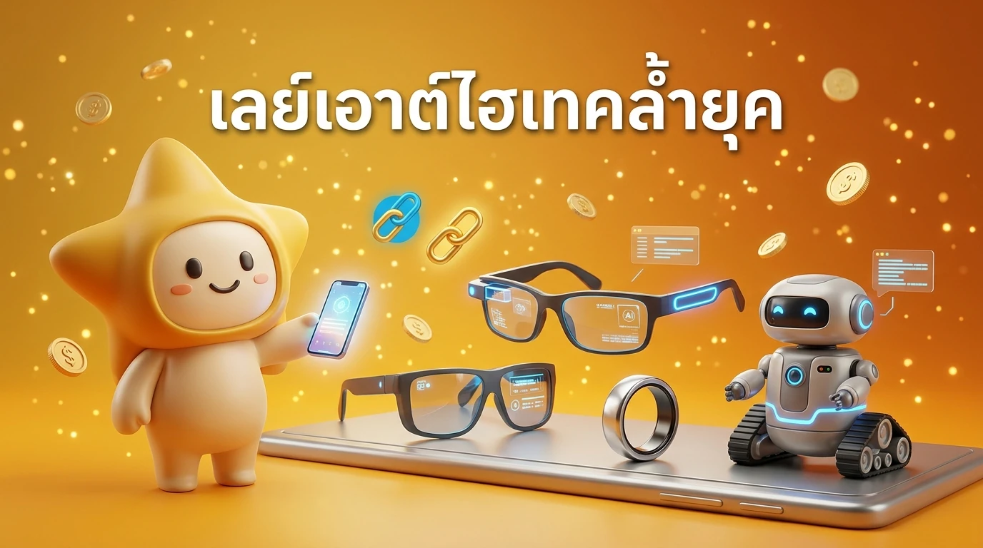 A high-tech futuristic layout showing various AI gadgets like smart rings, glasses, and robots with glowing neon accents, representing 2026 technology trends