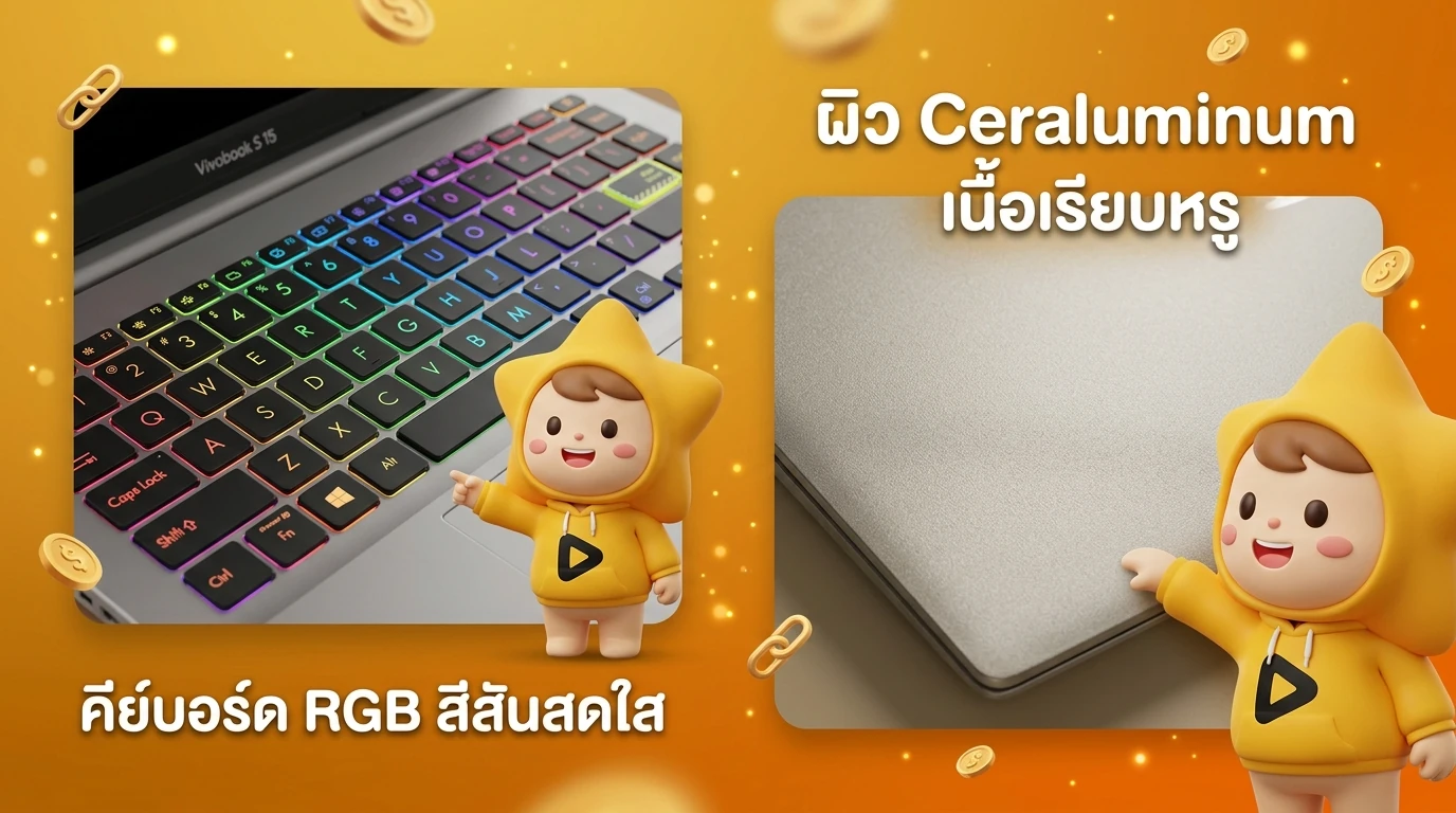 Close-up shot of the Ceraluminum surface texture vs the RGB keyboard of Vivobook