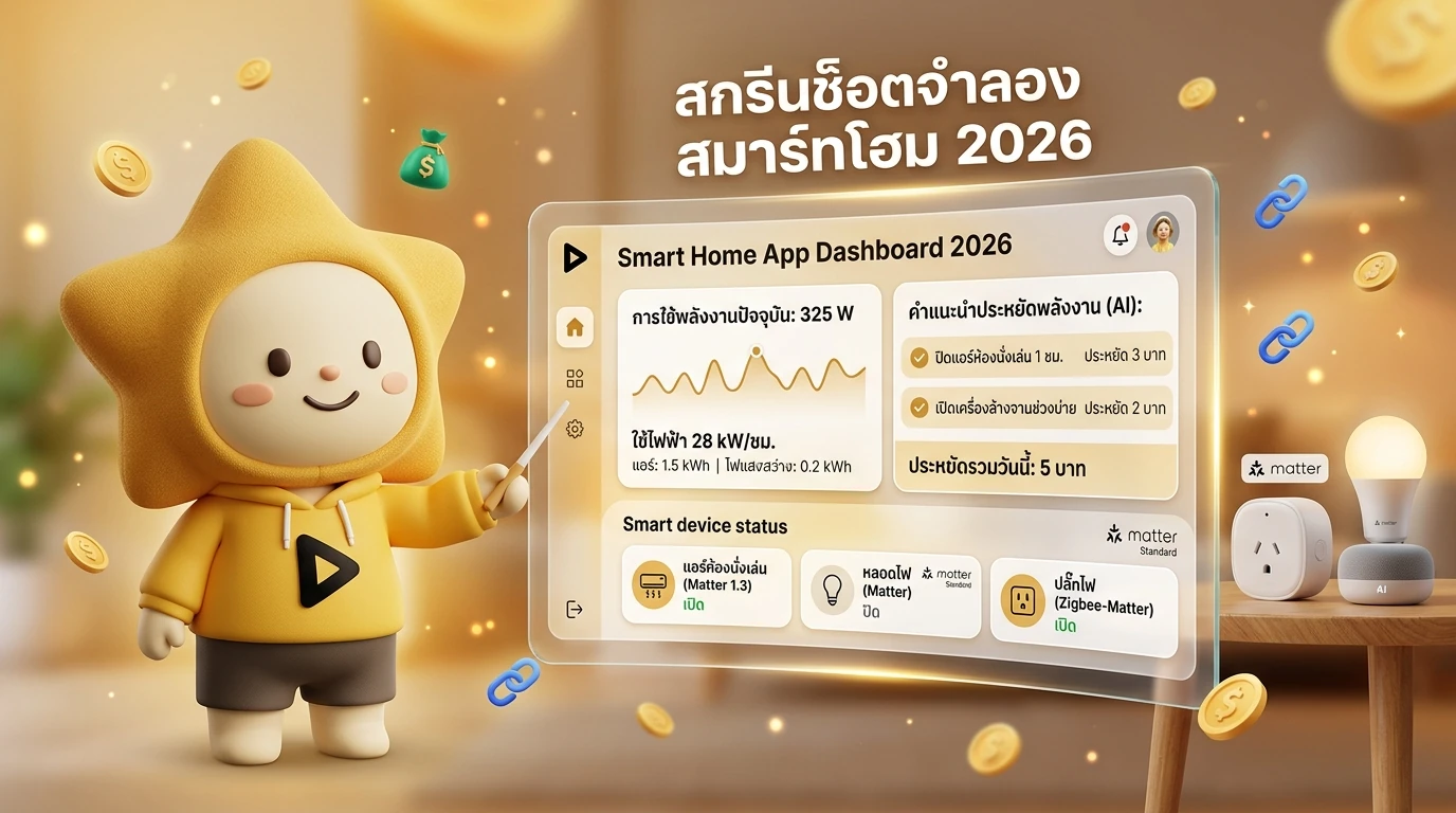 Screenshot mockup of a 2026 Smart Home App dashboard showing real-time energy usage and savings suggestions powered by AI