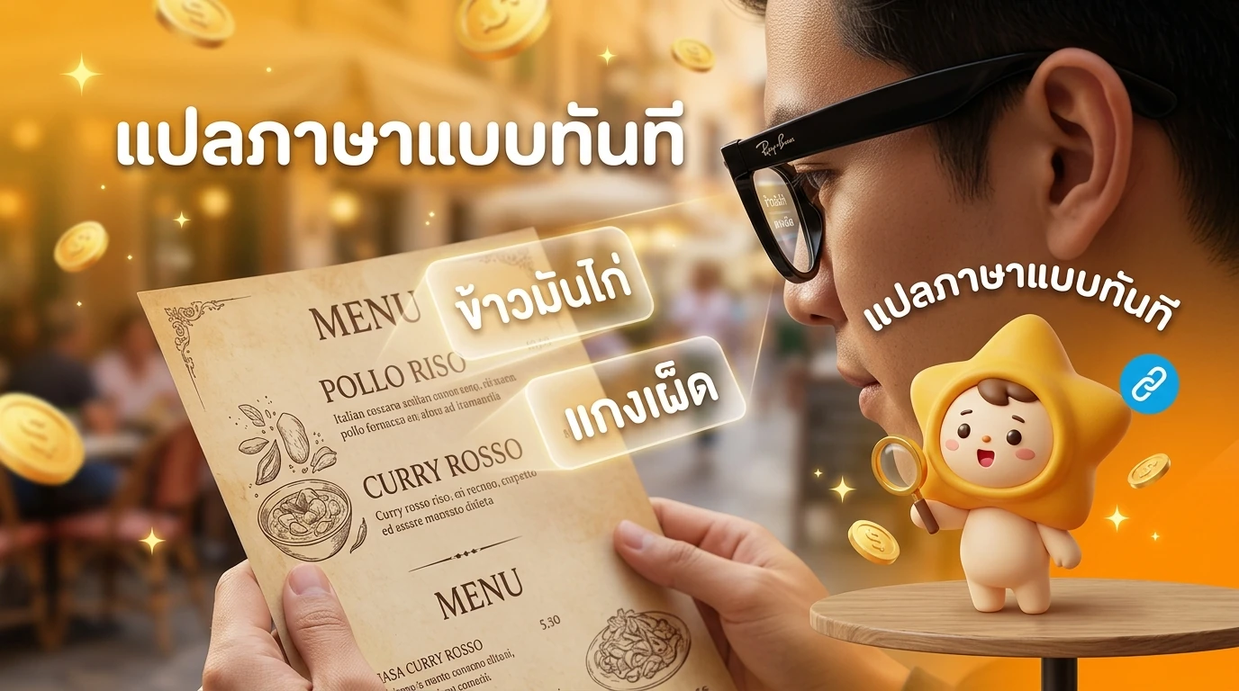 A close-up of a person wearing Ray-Ban Meta Smart Glasses, looking at a foreign menu that is being translated digitally in their field of vision