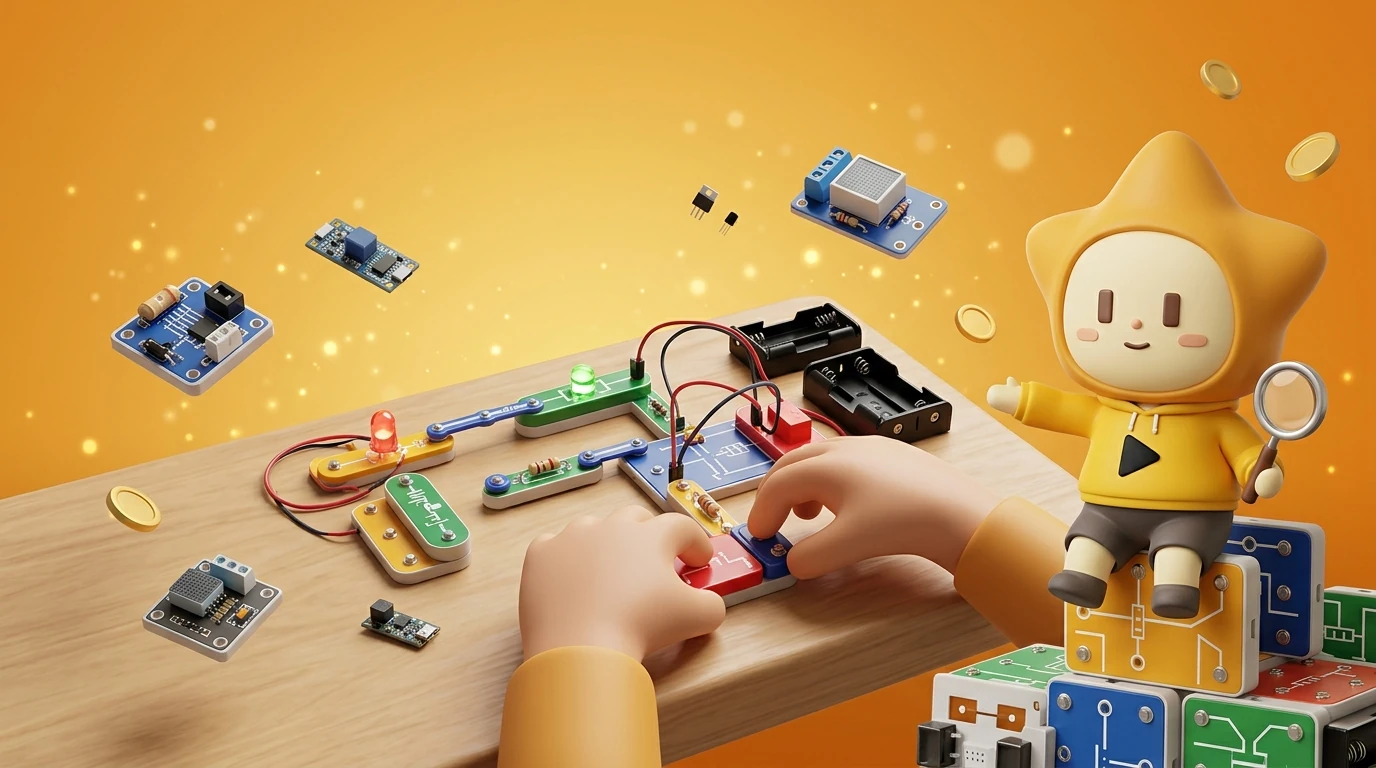 Hands-on photo of a child assembling a circuit building kit, creating a simple DIY smart device