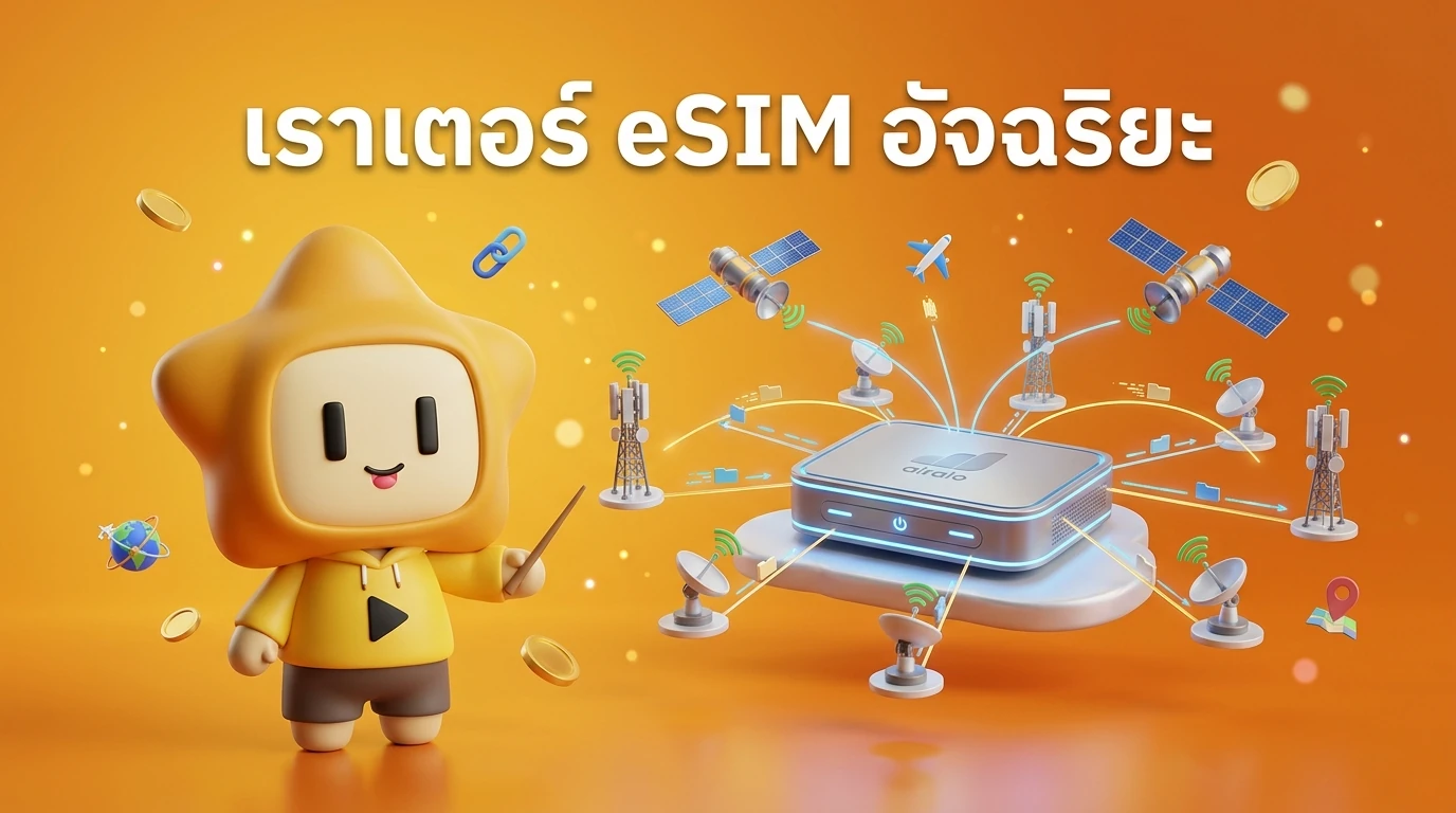 Infographic showing the Airalo AI-Powered eSIM Router connecting to multiple satellite and cellular towers globally