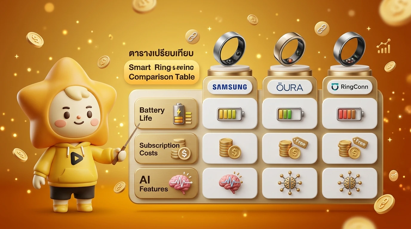 A detailed comparison table infographic showing icons for battery life, subscription costs, and AI features for Samsung, Oura, and RingConn.