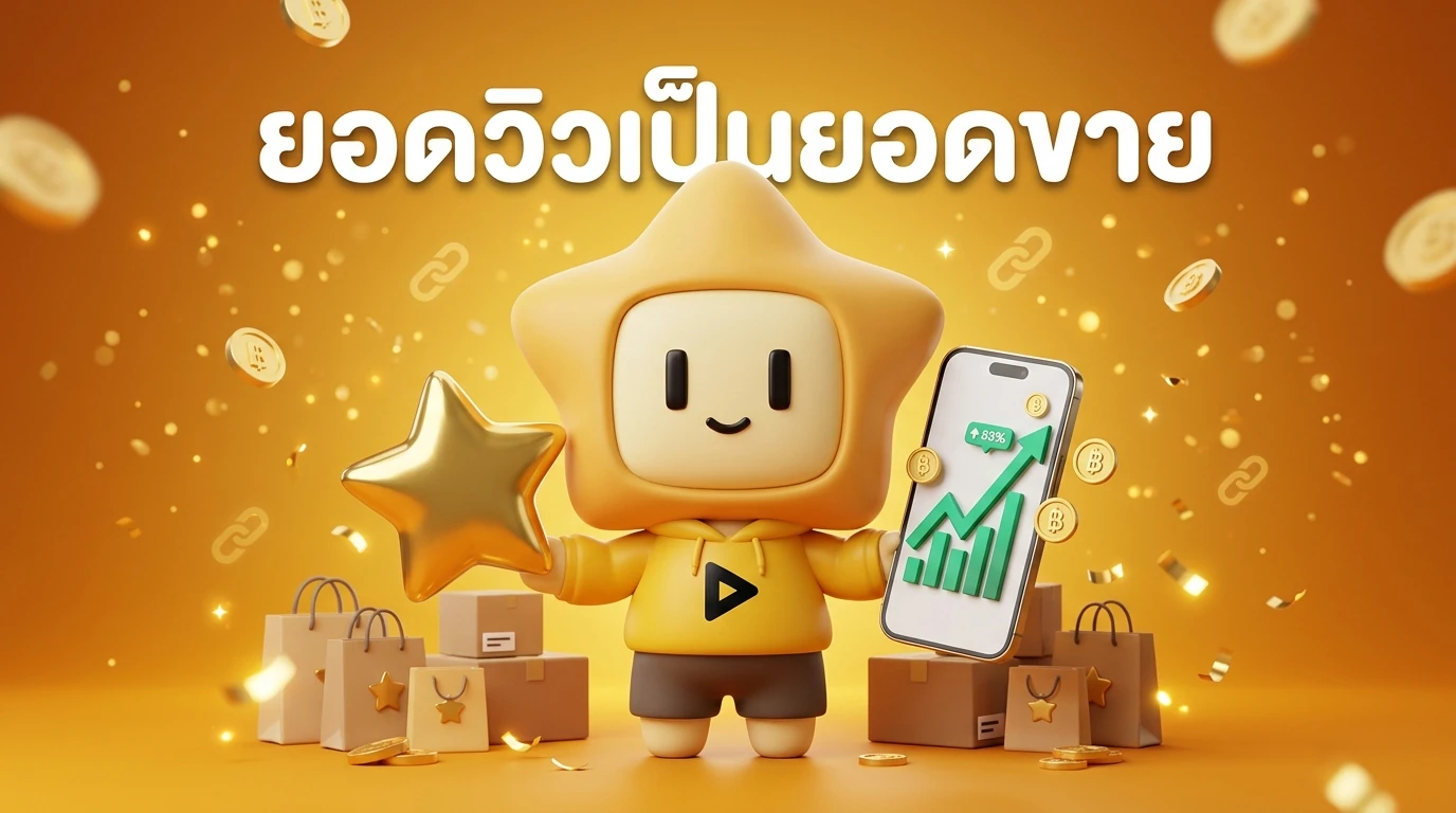 Friendly mascot "Nong Dee Jing" holding a gold star and a smartphone showing a sales graph going up