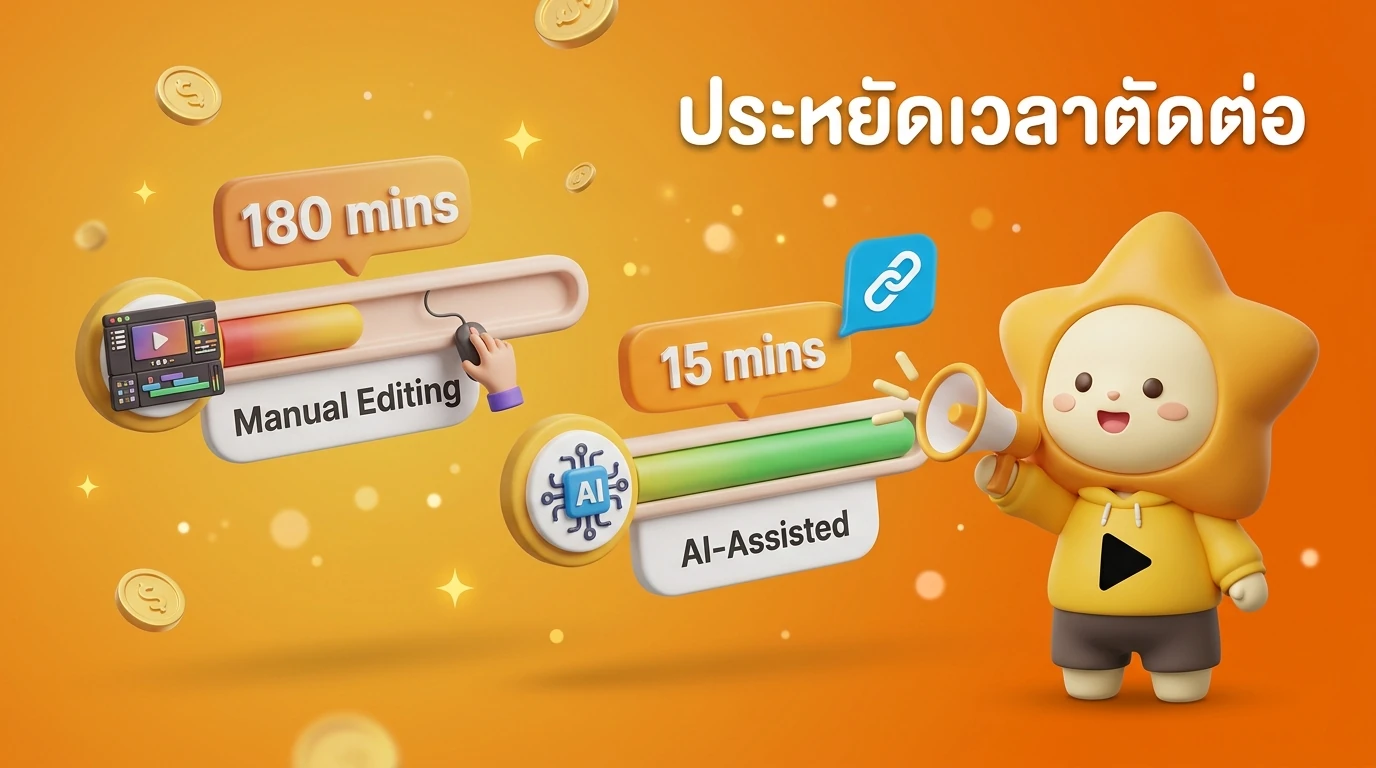 Comparison chart showing Production Time: Manual Editing 180 mins vs. AI-Assisted 15 mins