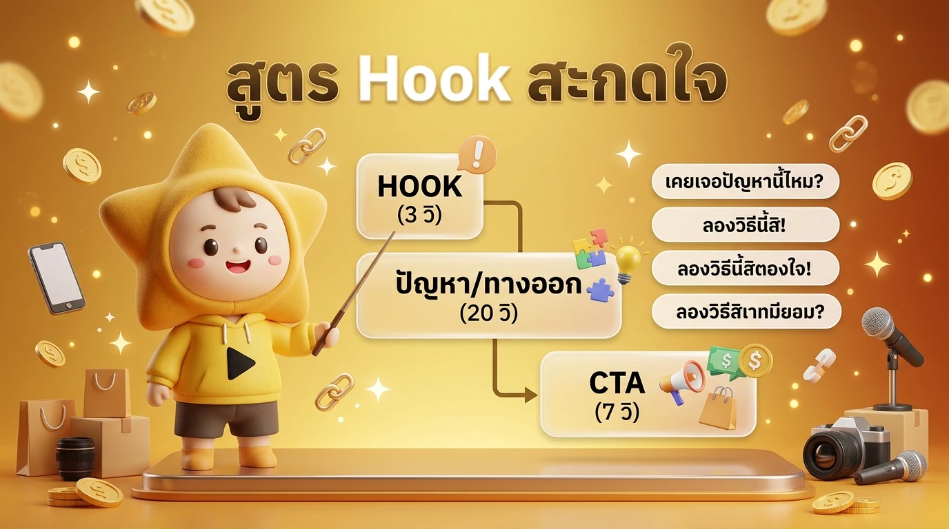Hook Formula Diagram: Hook 3s + Problem/Solution 20s + CTA 7s with examples of high-converting phrases