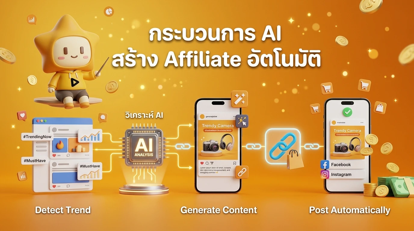 Workflow diagram showing AI detecting a trend, generating content, and posting an affiliate link automatically