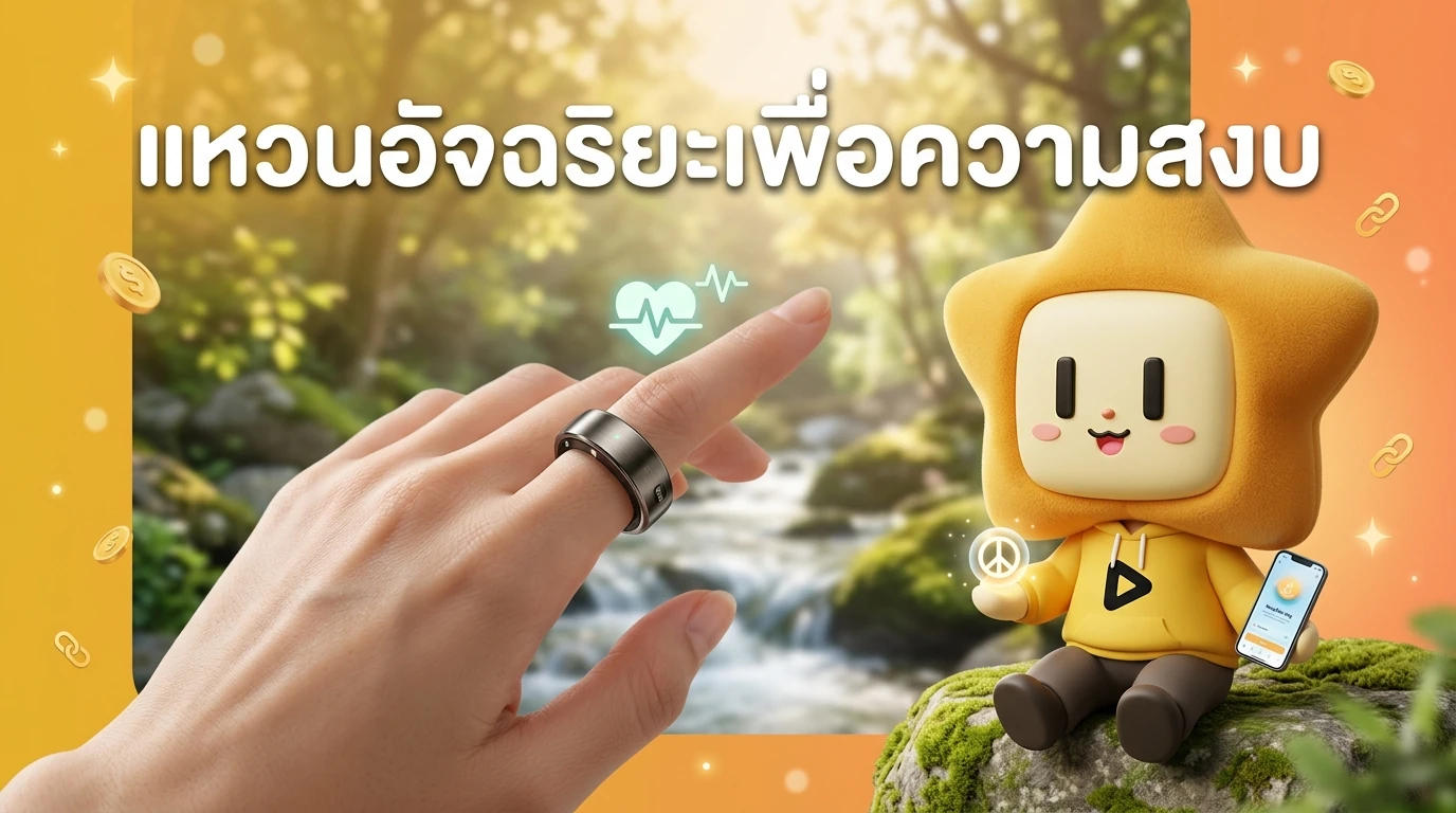 A close-up of a smart ring on a finger, with a blurred background of a serene nature setting, representing mental health and peace.