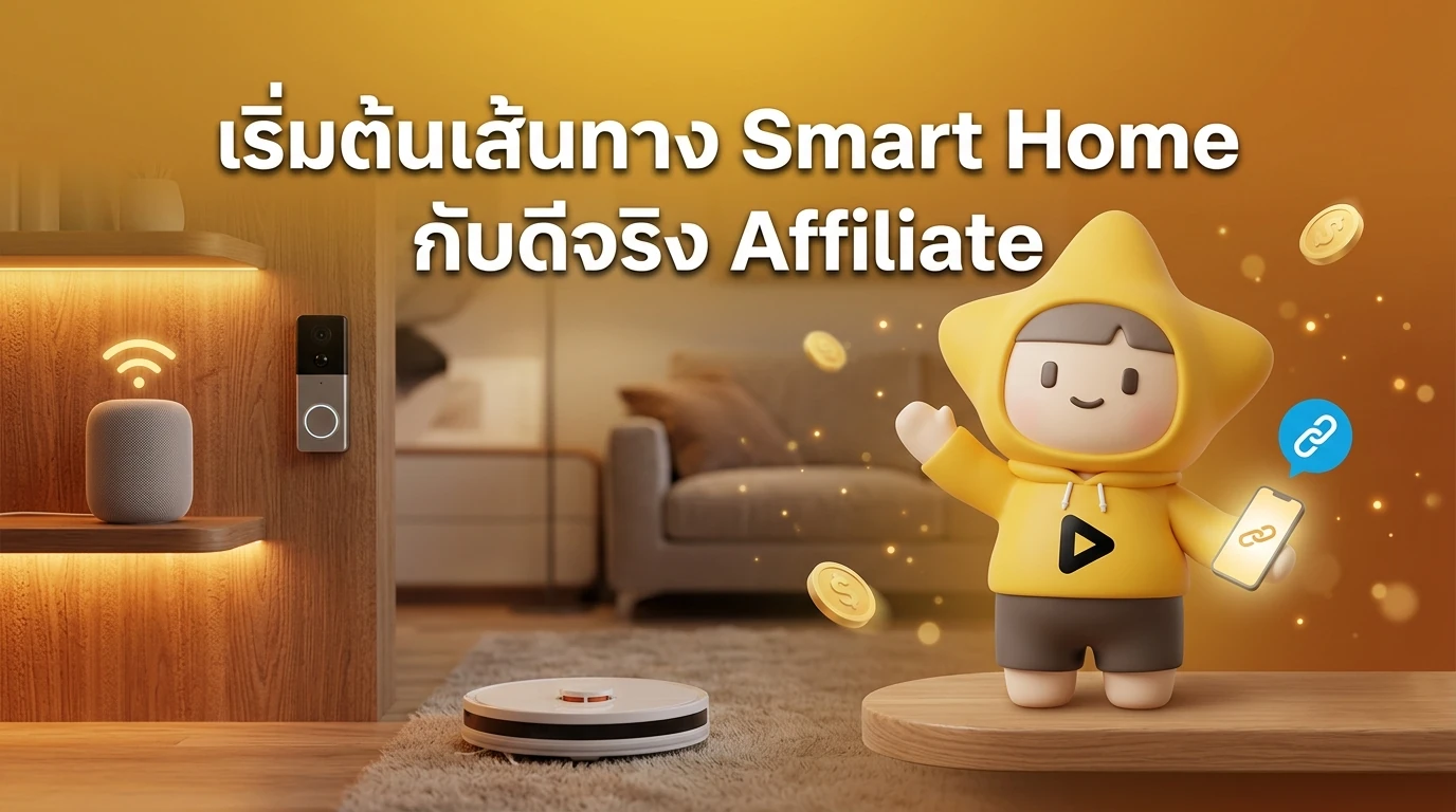 A warm, friendly 3D mascot "Nong Dee Jing" waving in front of a cozy smart home interior, with a text overlay: "Start your Smart Home journey with Dee Jing Affiliate"