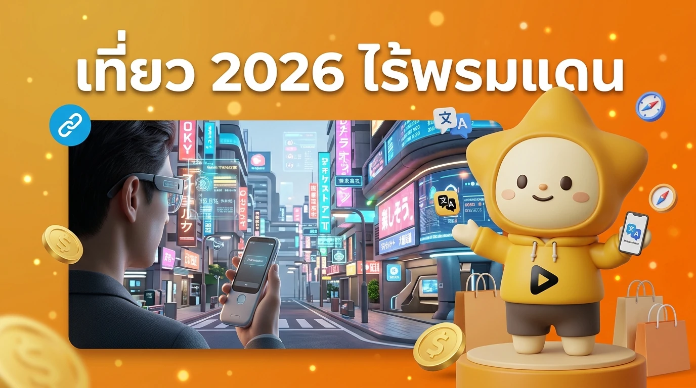 A futuristic travel scene in 2026 showing a traveler using smart glasses and a sleek AI translator device in a busy Tokyo street