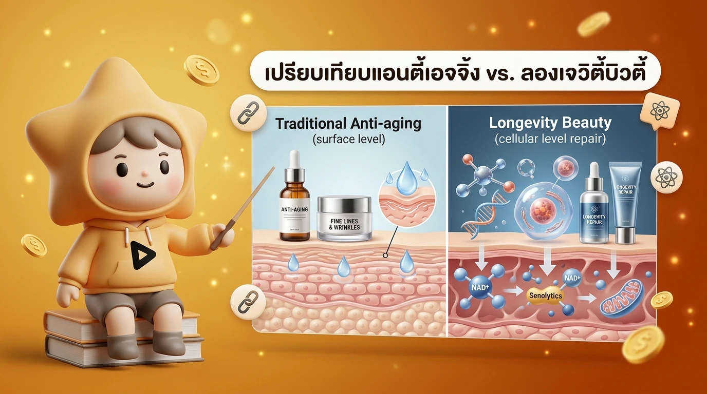 Infographic comparing traditional Anti-aging surface level vs. Longevity Beauty cellular level repair