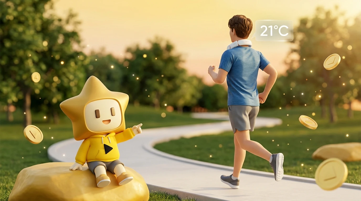 Lifestyle photo of a person jogging while wearing Ranvoo AICE Lite Max with a digital temperature overlay showing 21°C