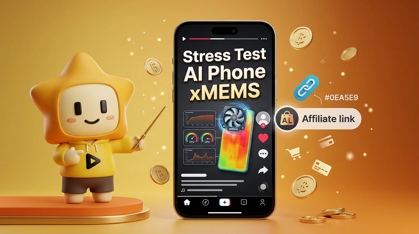 Screenshot mockup of a TikTok video or YouTube Short showing a "Stress Test" of an AI phone with xMEMS, with a clear affiliate link overlay