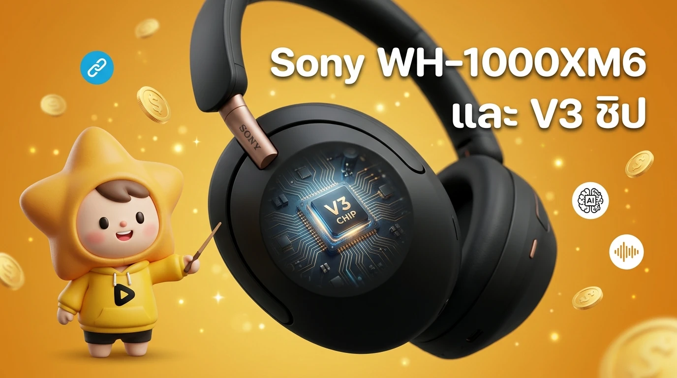 Detailed close-up of Sony WH-1000XM6 showing its sleek design and V3 chip conceptual visualization