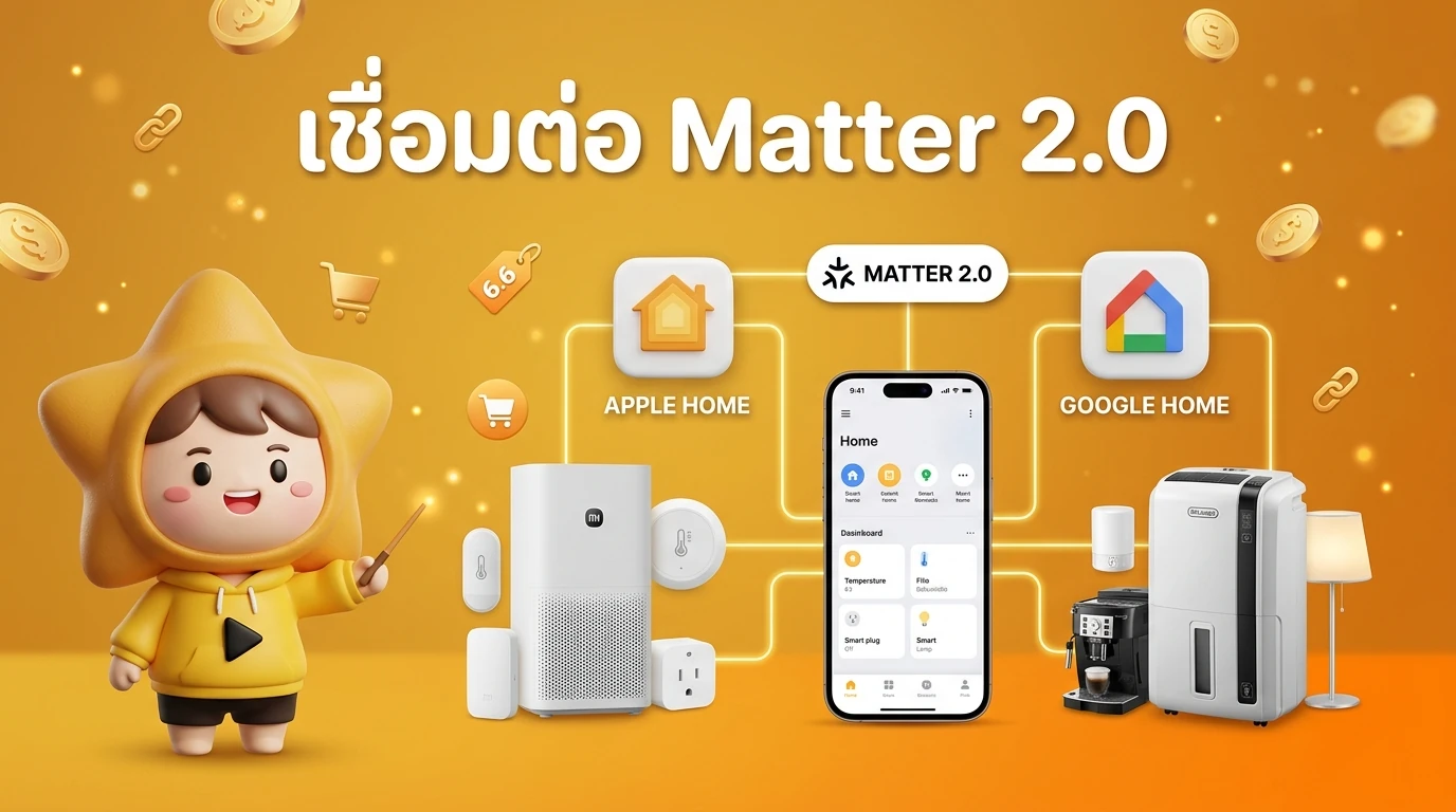 Infographic showing the Matter 2.0 ecosystem connecting Xiaomi and De'Longhi products to a single smartphone interface via Apple Home and Google Home.