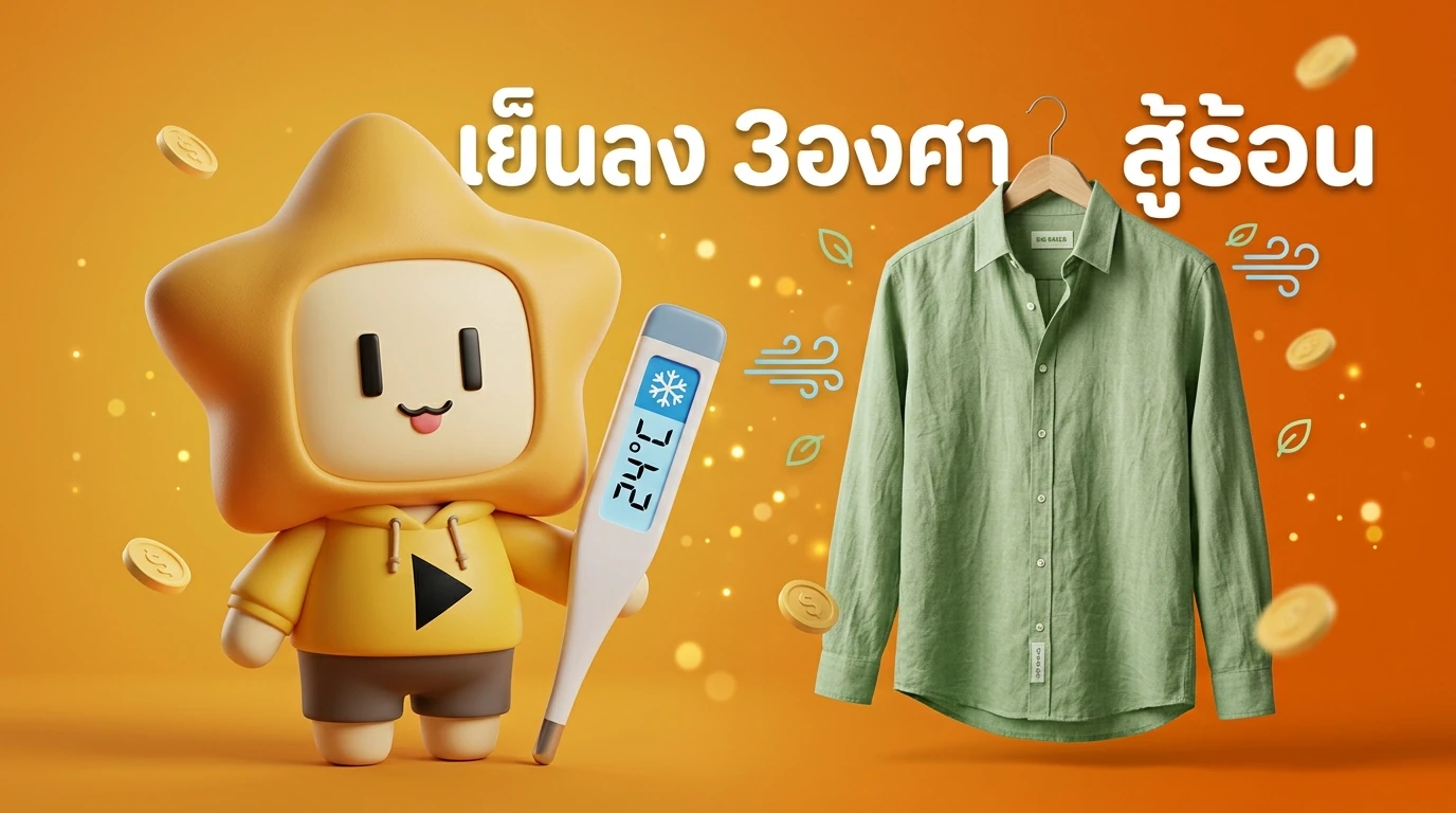 Mascot "Nong Dee Jing" holding a thermometer showing a cool temperature, standing next to a stylish Bio-based shirt