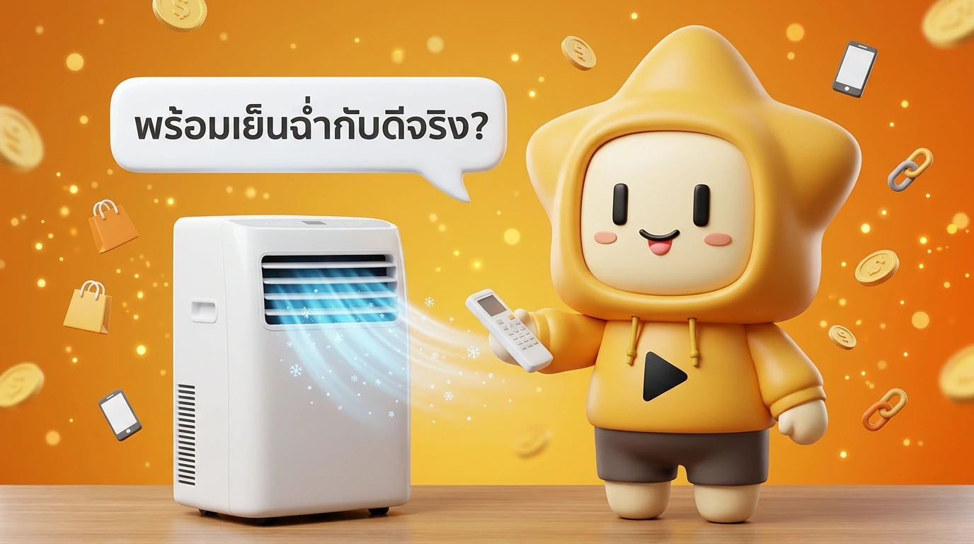 Mascot "Nong Dee Jing" smiling and holding a remote control pointing at a cool AC unit, with a text bubble saying "Ready to stay cool with Dee Jing?"