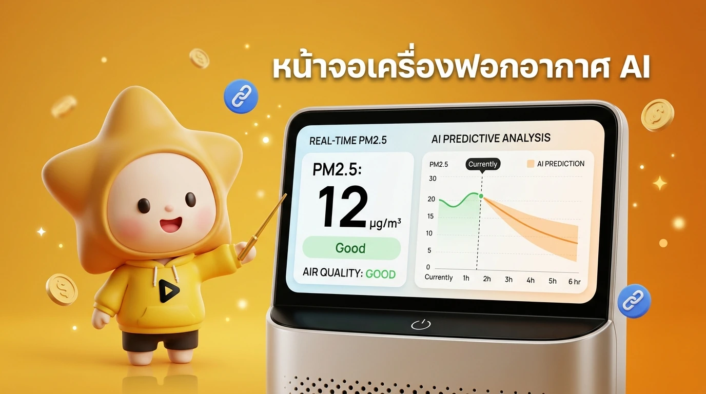 Close-up of an AI Air Purifier display showing real-time PM2.5 levels and AI predictive analysis chart