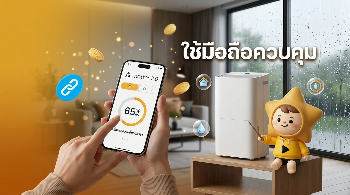 A person using a smartphone to control a sleek smart dehumidifier in a modern, rain-splattered window living room, showing the Matter 2.0 logo on the app screen.