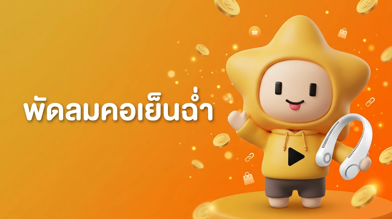 Mascot "Nong D-Jing" waving with a friendly smile, holding a neck fan