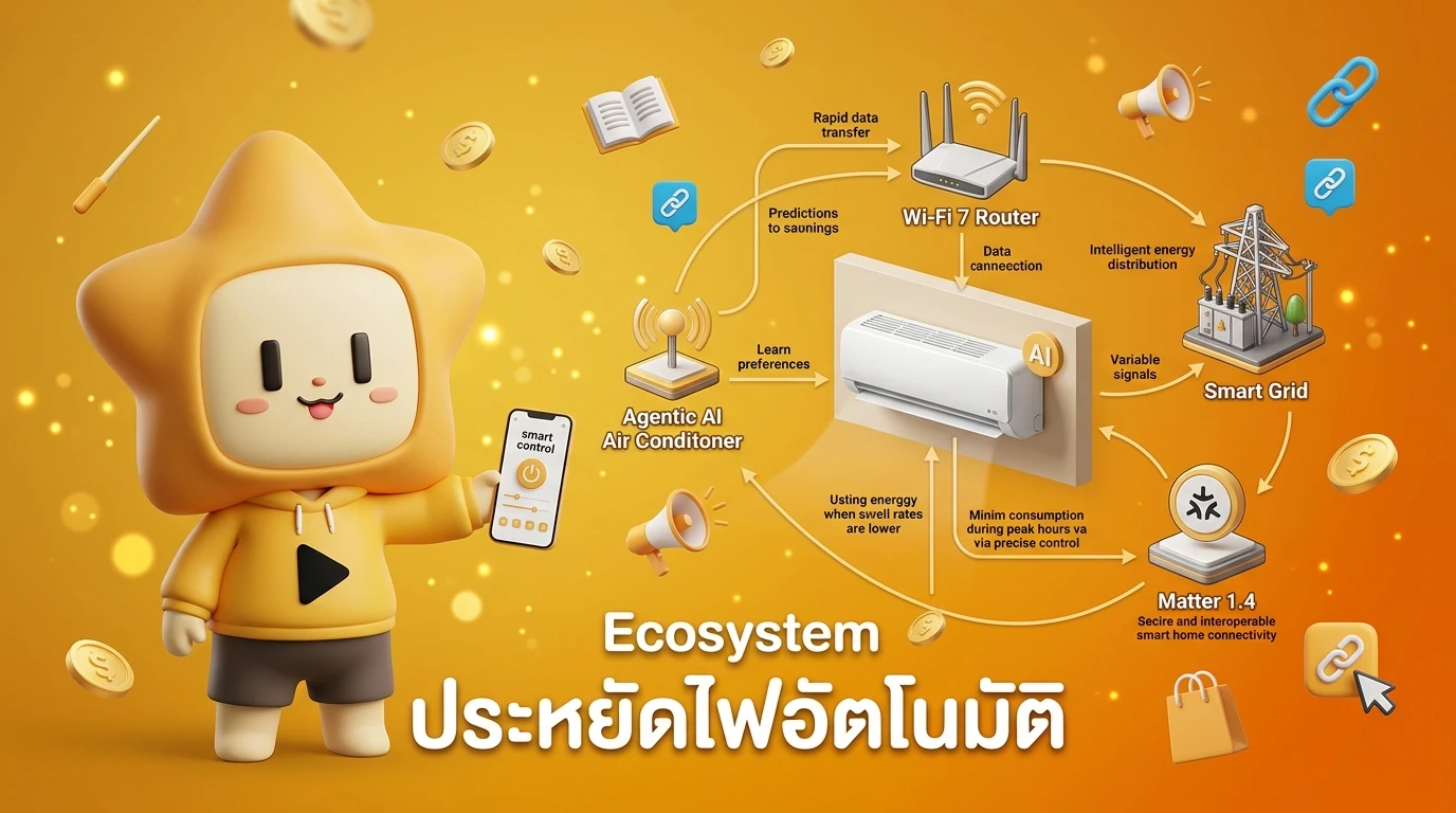 Infographic showing the ecosystem of Agentic AI AC, Matter 1.4, Wi-Fi 7, and Smart Grid connection
