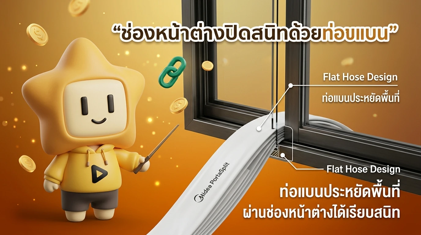 Close-up infographic of Midea PortaSplit's Flat Hose passing through a window gap seamlessly
