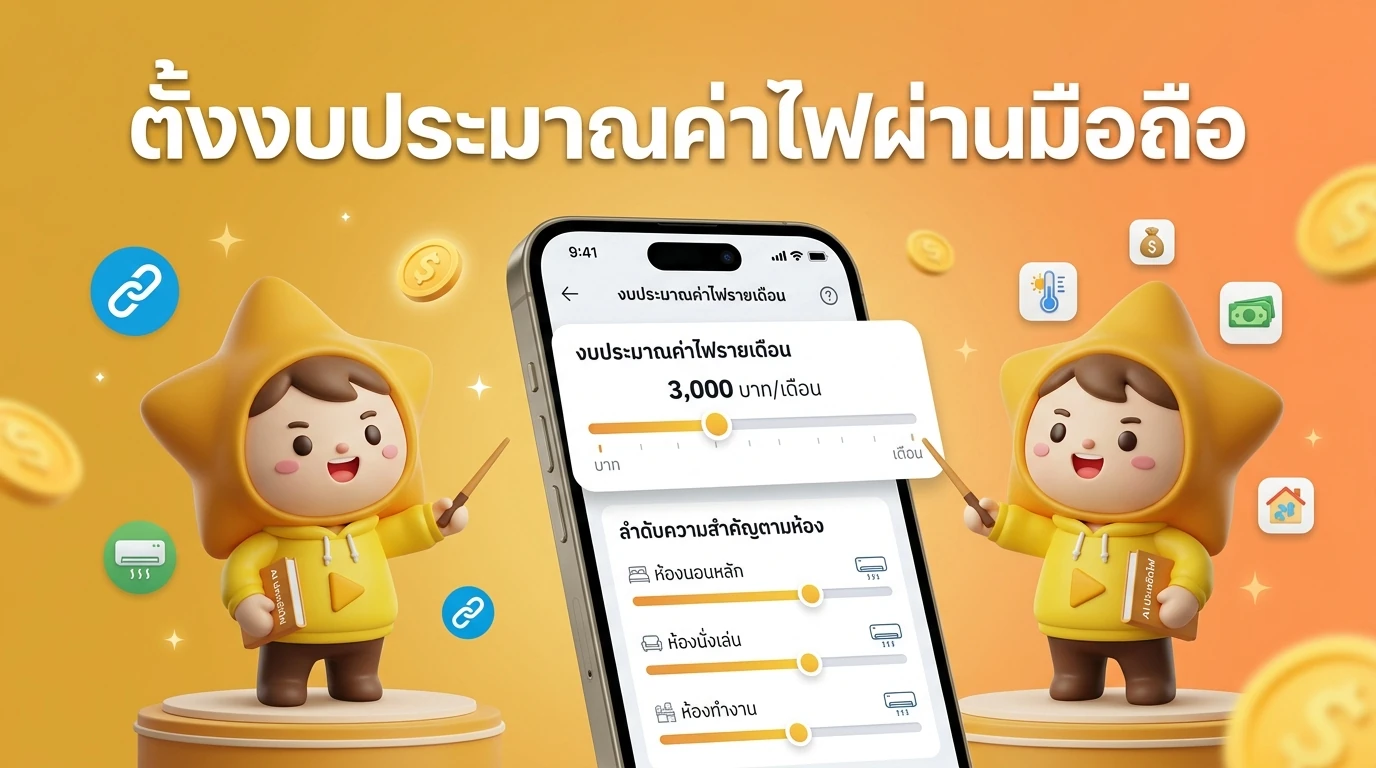 Smartphone interface showing the Energy Budgeting feature with a slider for Baht per month and priority settings for different rooms