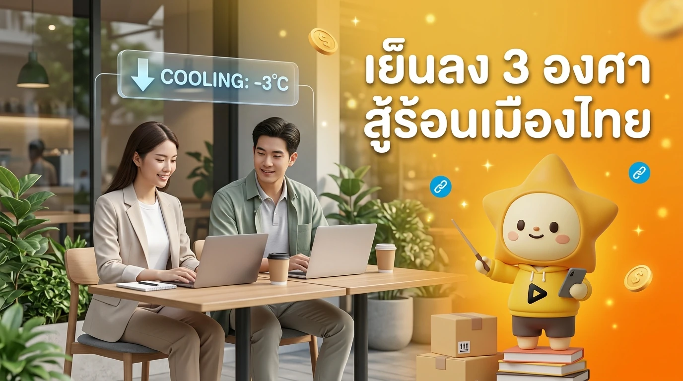 Lifestyle photo of a professional man and woman in smart-casual Bio-based outfits, looking fresh and comfortable while working at an outdoor cafe