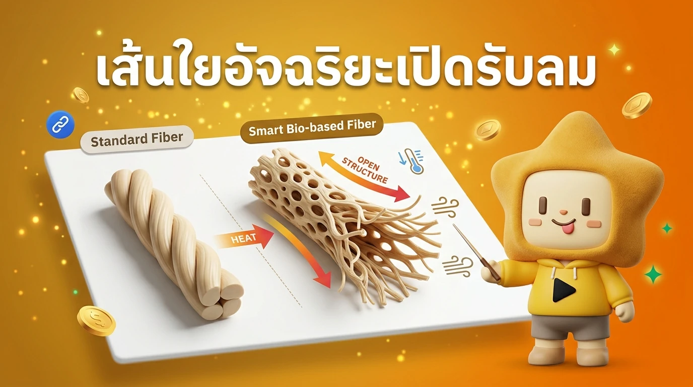 A close-up infographic comparison showing a standard fiber vs. a Smart Bio-based fiber reacting to heat by opening its structure