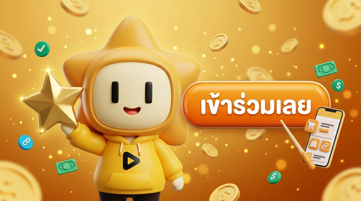 Mascot "Nong Dee Jing" holding a gold star and smiling invitingly with a 'Join Now' button nearby