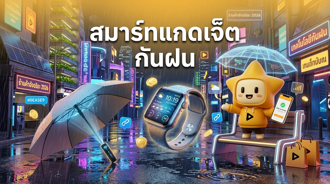A person using a smart umbrella while checking a futuristic smartwatch in a rainy 2026 city environment