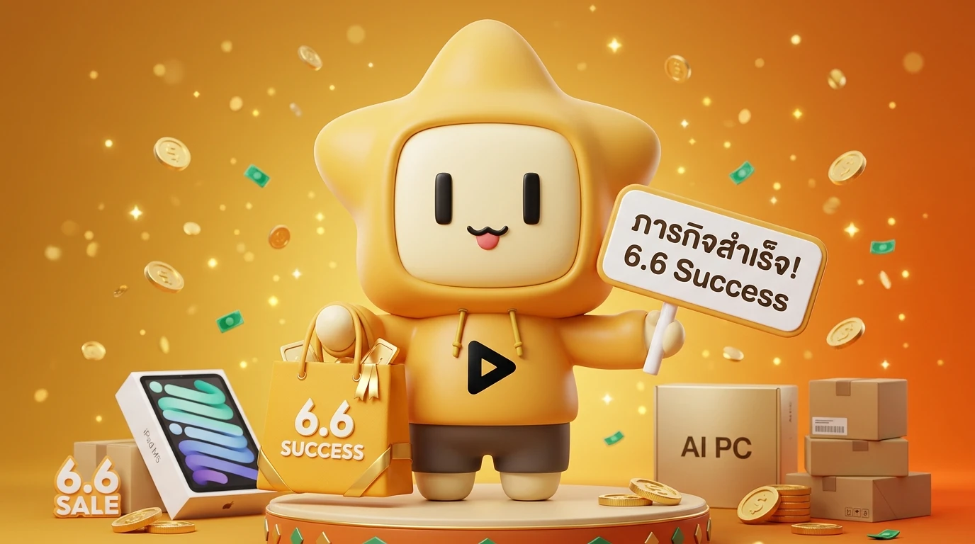 Summary graphic with the mascot "Nong Dee Jing" holding a shopping bag and a sign saying "Mission Accomplished! 6.6 Success".