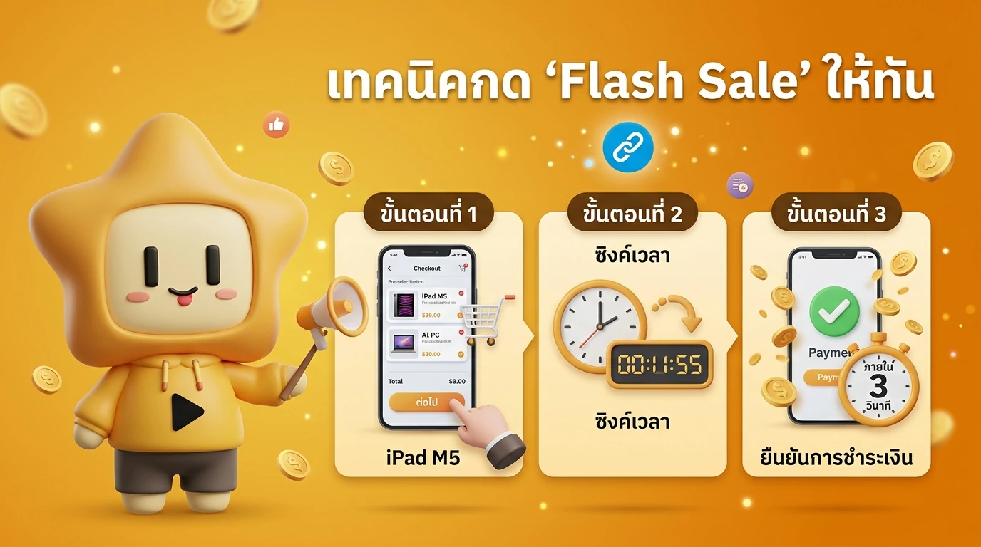 Infographic illustrating the "Pre-selection" technique: Step 1 Checkout screen, Step 2 Sync time, Step 3 Confirm payment within 3 seconds.