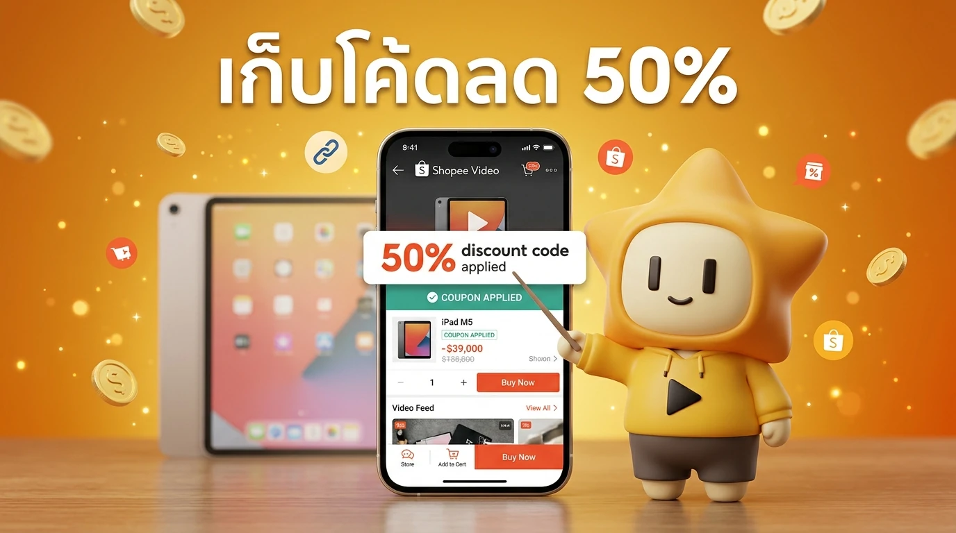 Screenshot mockup of a smartphone screen showing a 50% discount code being applied to an iPad M5 in the Shopee Video interface.