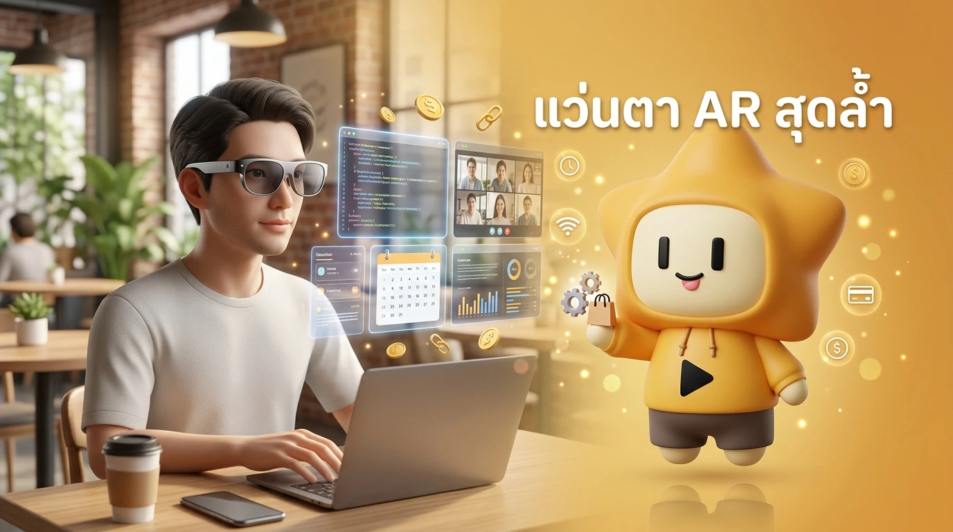 A person wearing stylish AR glasses working in a cafe with virtual screens visible in the air