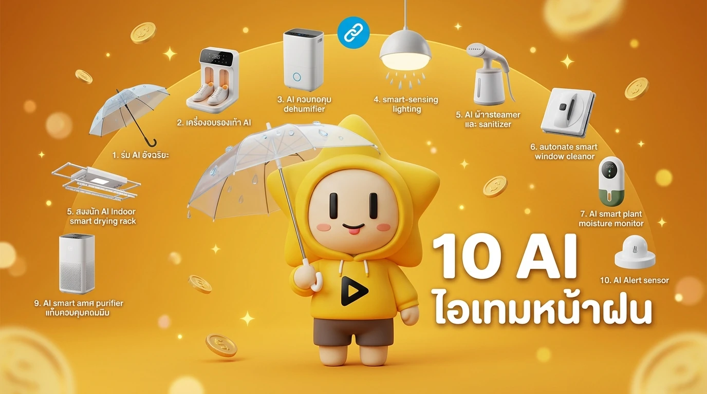 Infographic showing the 10 AI Gadgets for rainy season 2026 with mascot "Nong Dee Jing" holding an umbrella