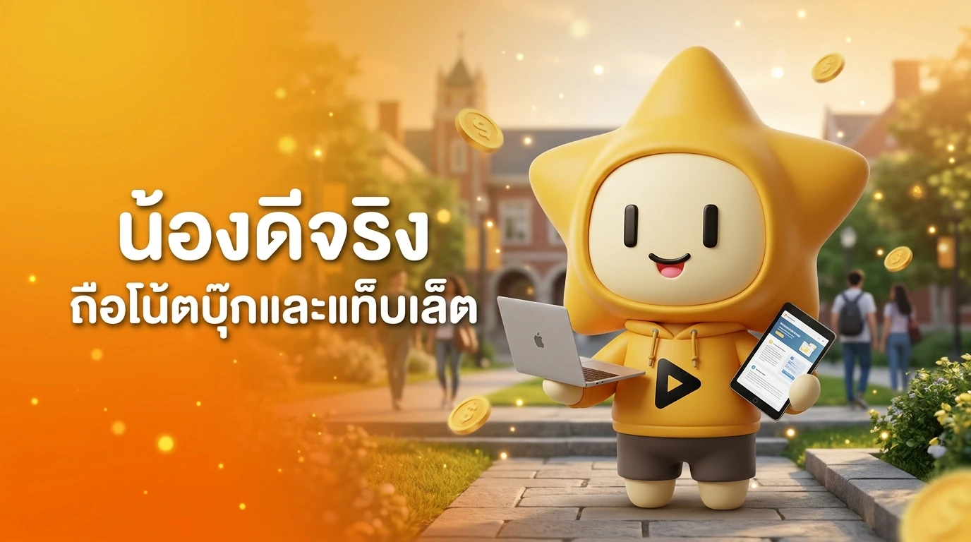 Mascot "Nong Dee Jing" holding a laptop and a tablet, smiling with a background of university campus