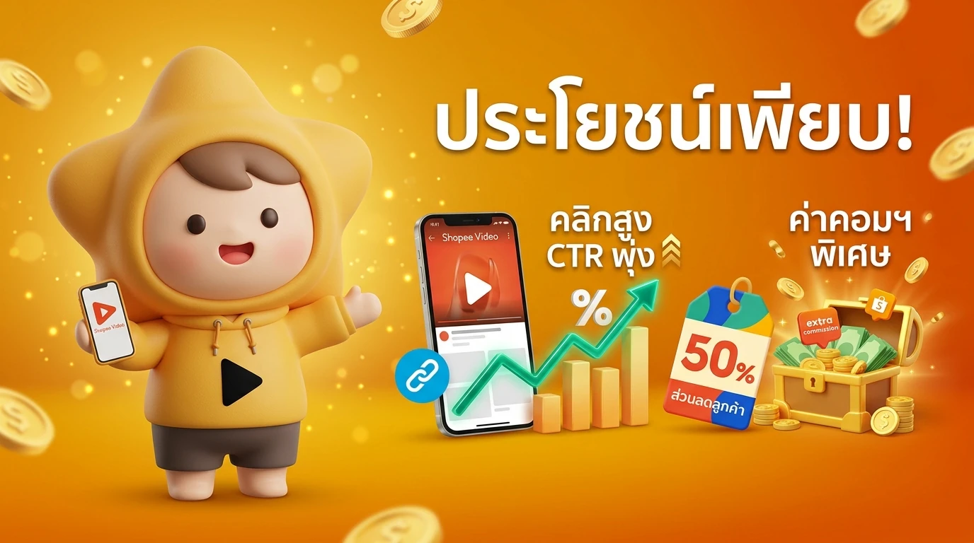 Infographic showing the benefit of Shopee Video for Affiliates: Higher CTR, 50% Discount for Customers, and Extra Commission for Creators