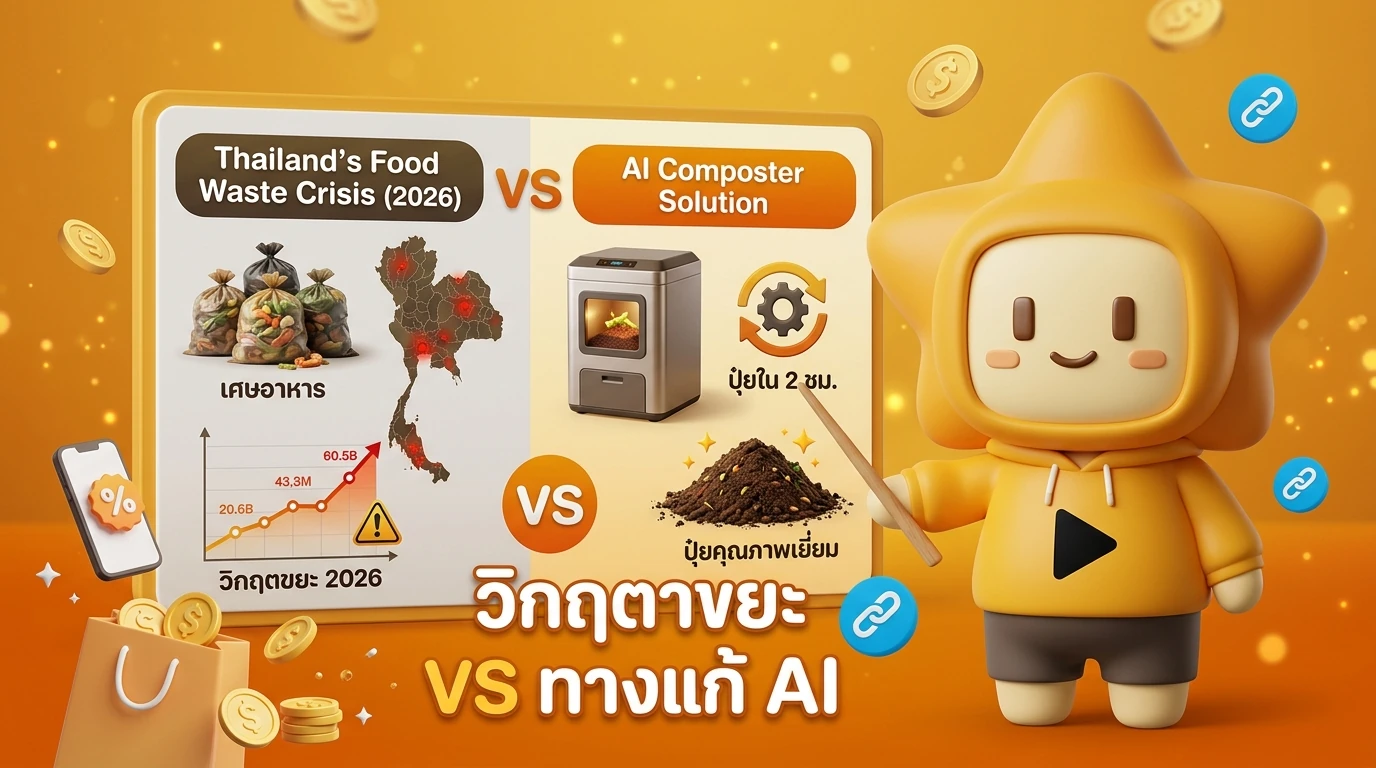 Infographic showing the 2026 food waste crisis in Thailand and how AI composters solve the problem
